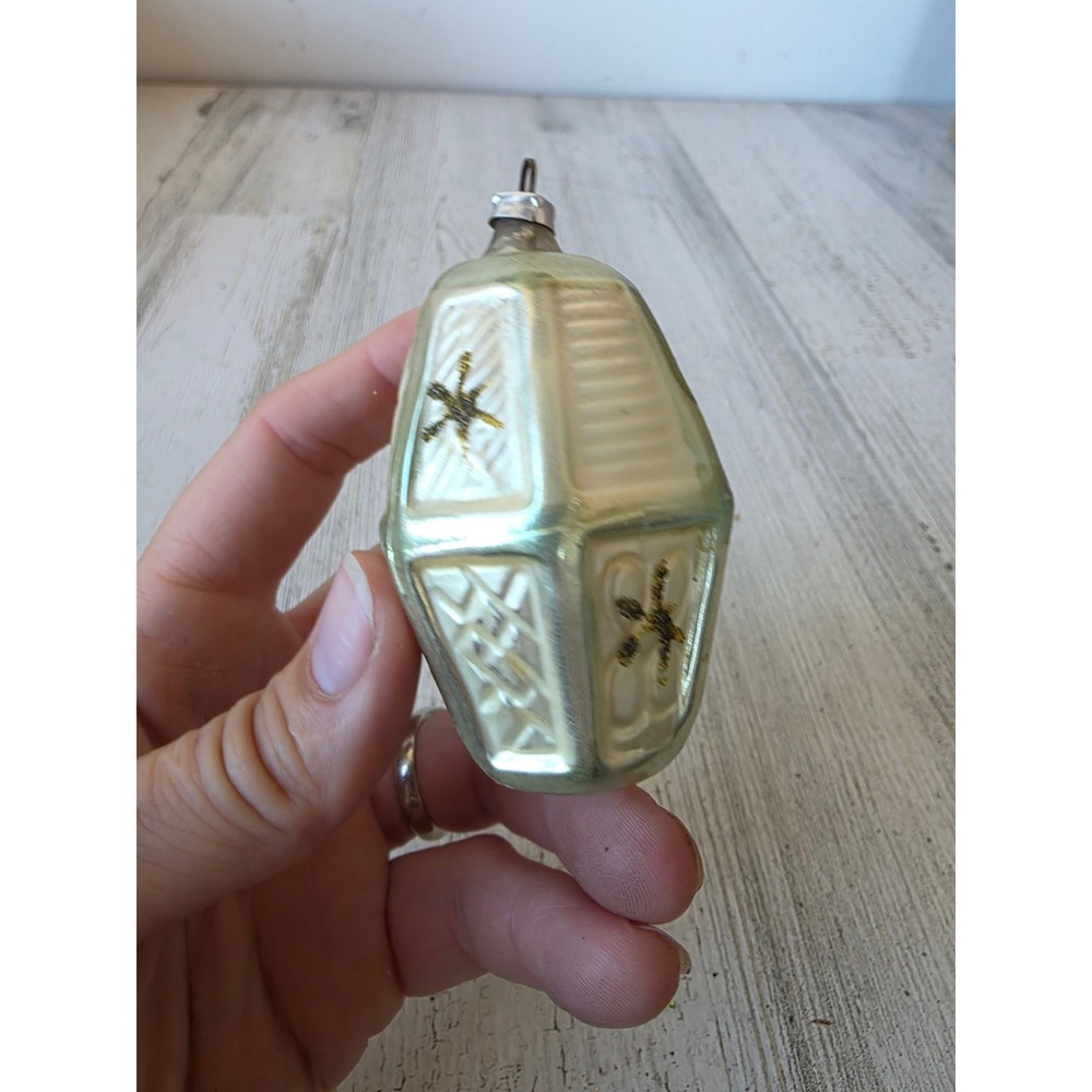 Vintage West German lantern Mica Green Glass ornament Xmas tree